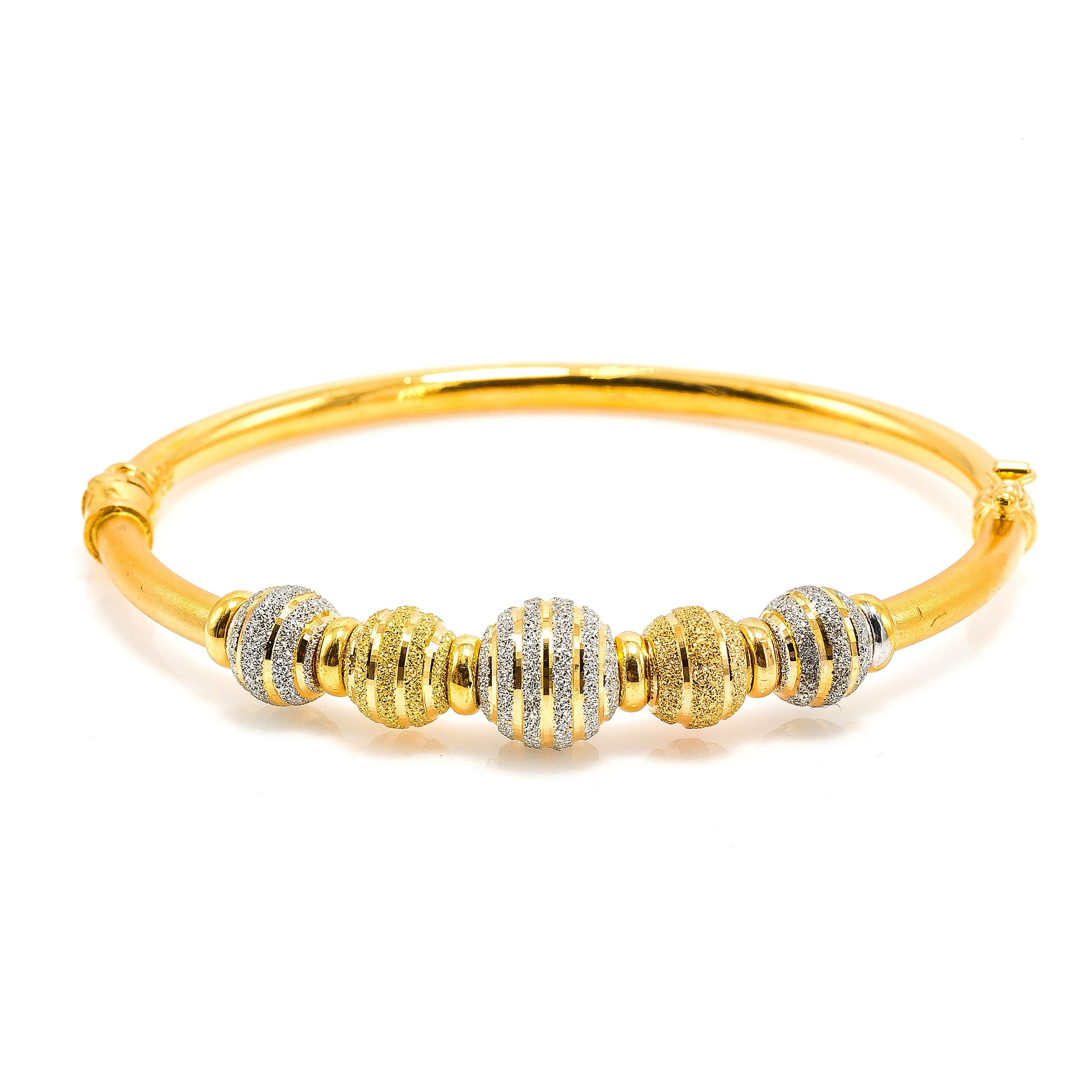 22K Multi Tone Gold Bangle W/ Yellow & White Gold Glass Blast Details on 5 Accent Balls