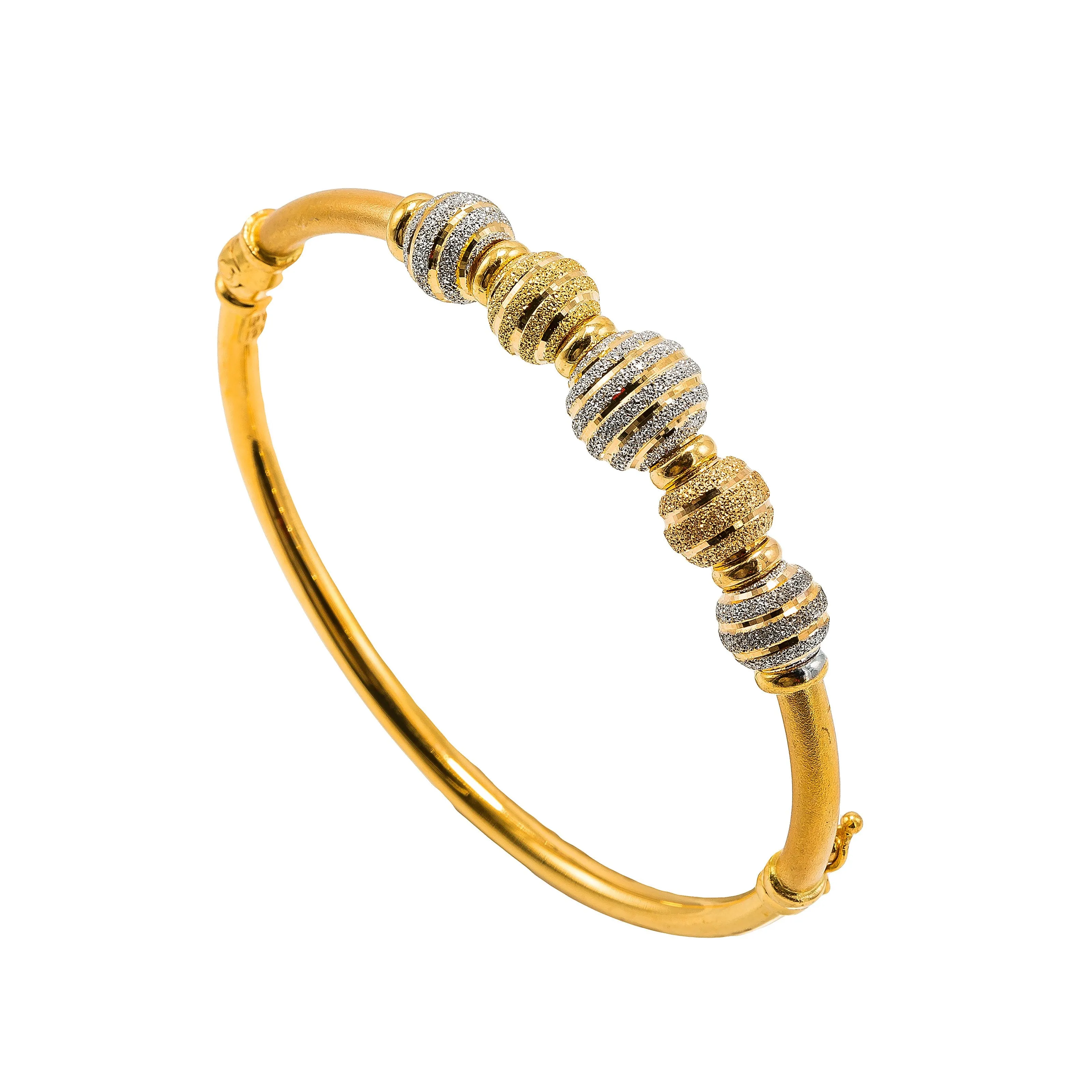 22K Multi Tone Gold Bangle W/ Yellow & White Gold Glass Blast Details on 5 Accent Balls