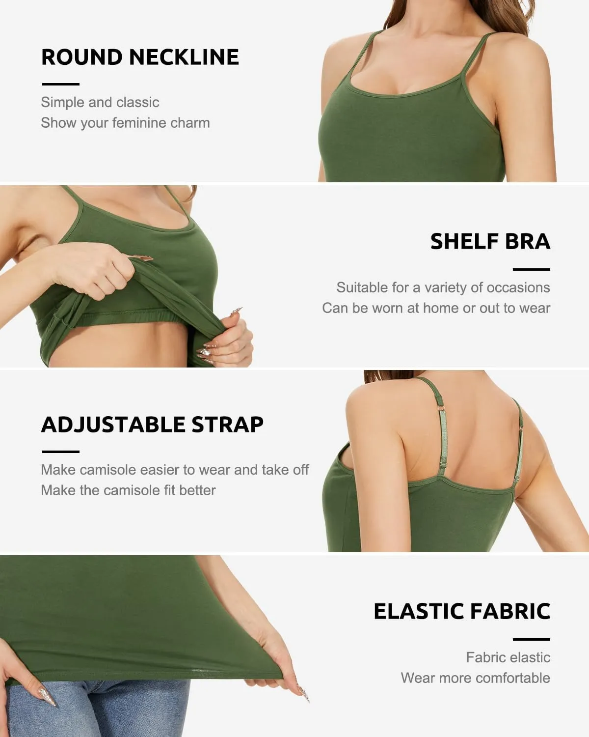 3-Pack Womens Camisole with Shelf Bra Adjustable Spaghetti Strap Cami Cotton Undershirt Tanks