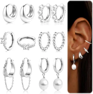6 Pairs 14K Gold Plated Hoop Earrings for Women Trendy Chunky Hoop Earrings Stack Multipack Huggie Hoops Pearl Chain Dangle Gold Hoop Earrings Set