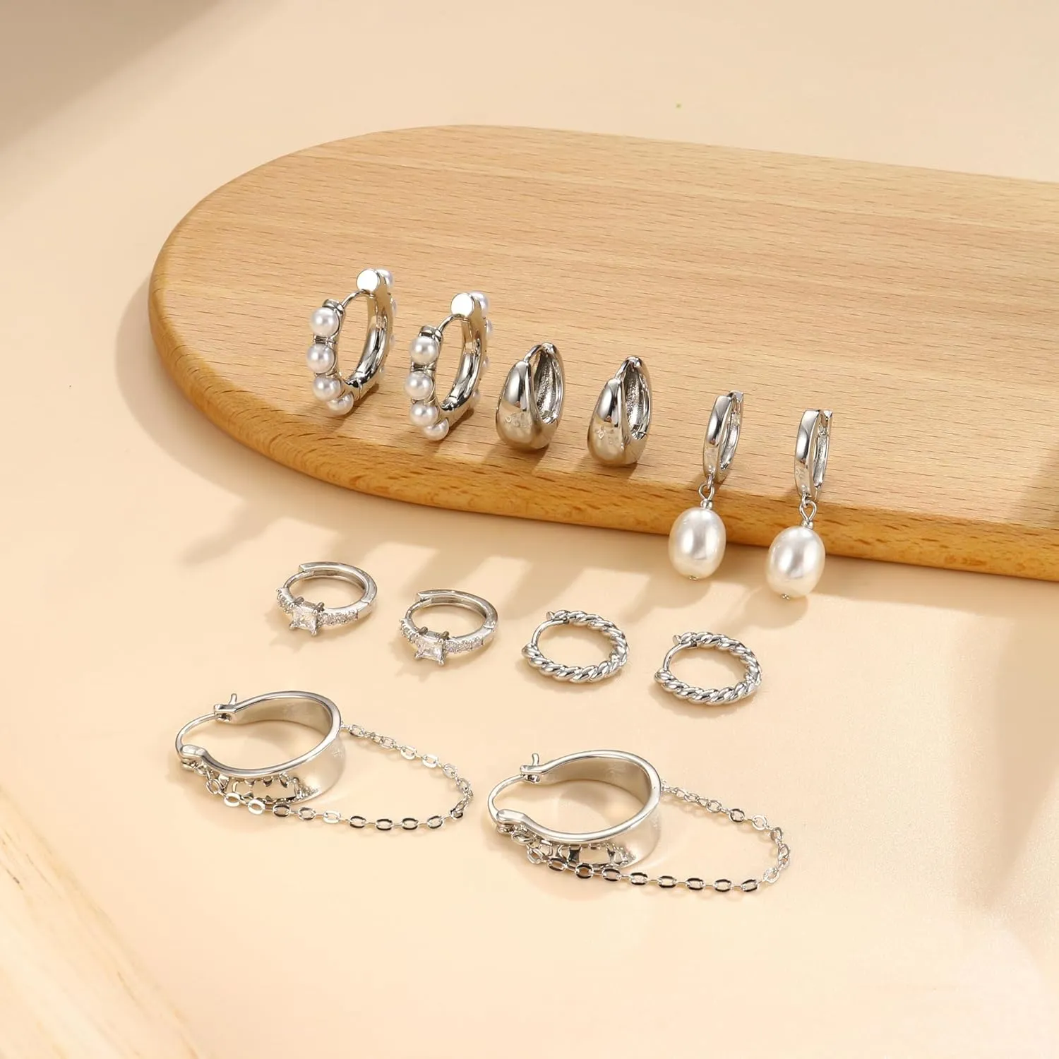 6 Pairs 14K Gold Plated Hoop Earrings for Women Trendy Chunky Hoop Earrings Stack Multipack Huggie Hoops Pearl Chain Dangle Gold Hoop Earrings Set