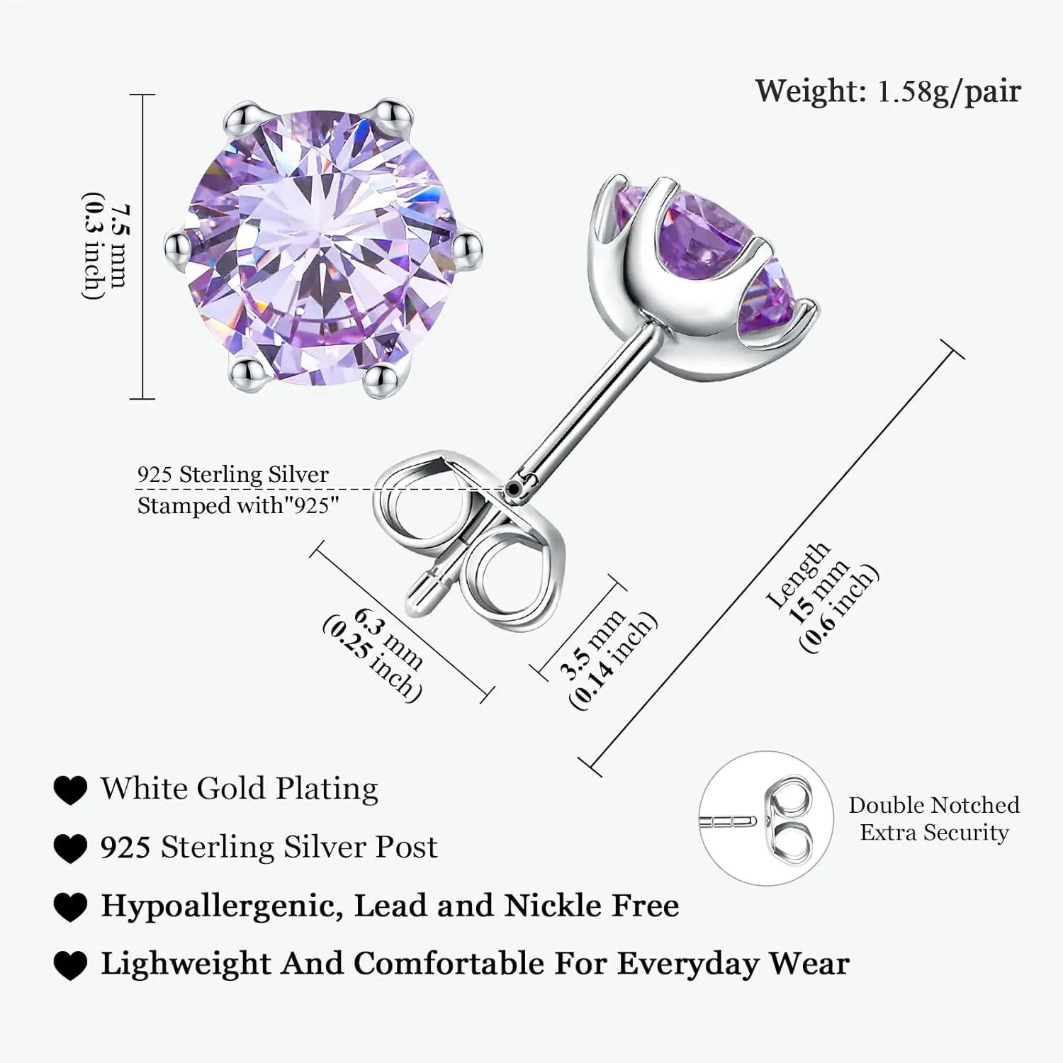 925 Sterling Silver Birthstone Earrings for Women Small Stud Earrings Round/Princess Cut Gemstone Earrings Birthstone Jewelry