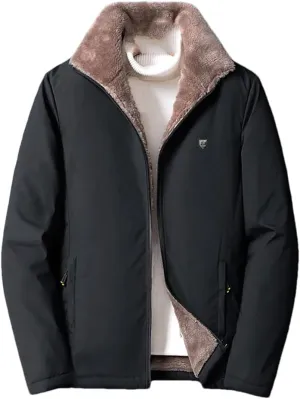 Adhdyuud Men Casual Padded Cotton Jacket Coat Windbreaker Lamb Wool Parka Oversize Warm Fleece Jackets Black XL(55-65kg)