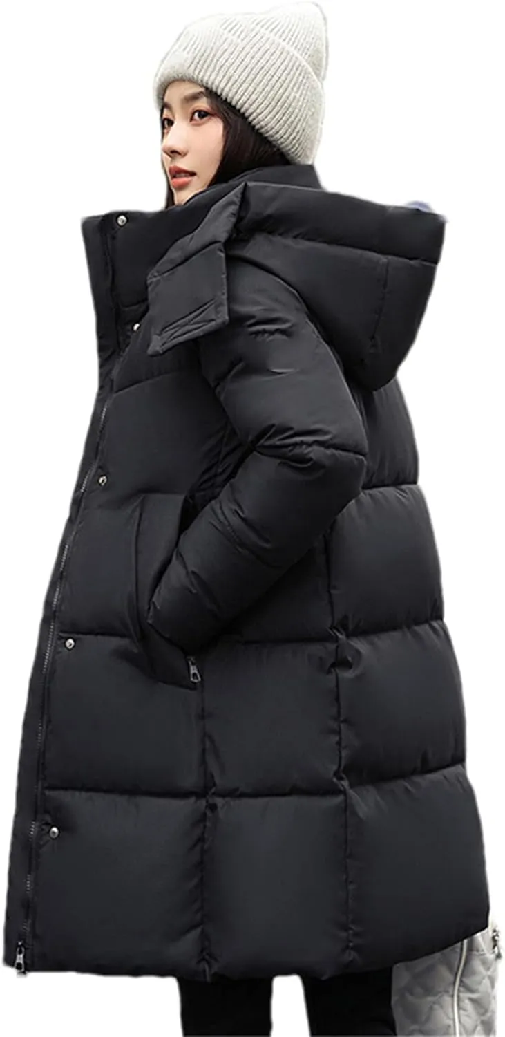 Adhdyuud Women Casual Snow Coat Cotton Padded Puffer Jacket Long Parkas Hooded Warm Outerwear