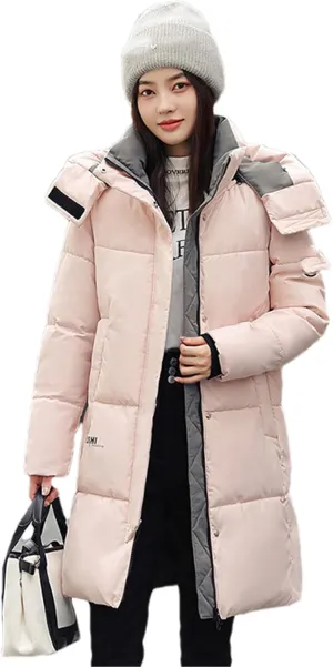 Adhdyuud Women Casual Snow Coat Cotton Padded Puffer Jacket Long Parkas Hooded Warm Outerwear