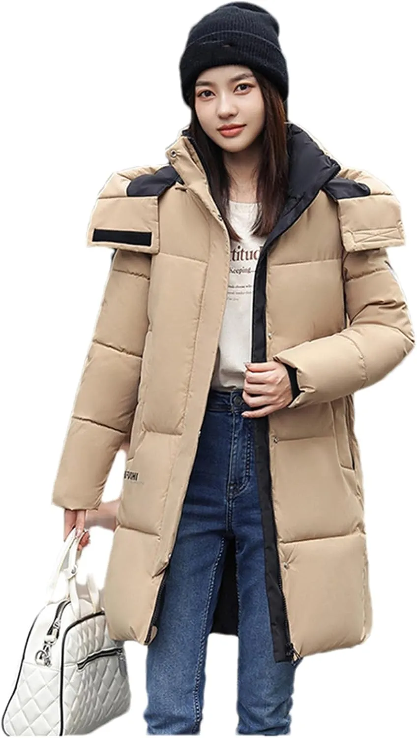 Adhdyuud Women Casual Snow Coat Cotton Padded Puffer Jacket Long Parkas Hooded Warm Outerwear