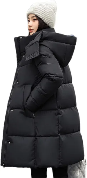 Adhdyuud Women Casual Snow Coat Cotton Padded Puffer Jacket Long Parkas Hooded Warm Outerwear