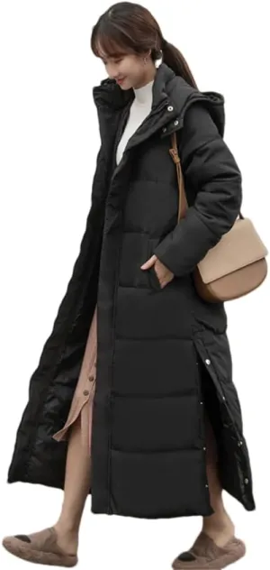 Adhdyuud Women Casual Warm Thick Hooded Snow Parkas Winter Casual Outwear Cotton Padded Long Coat