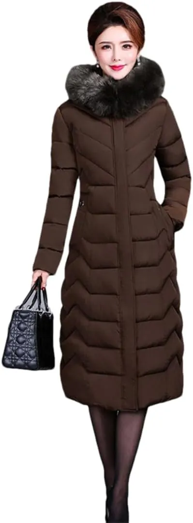 Adhdyuud Women Cotton Coat Padded Long Winter Coat Casual Parkas High Street Fake Fur Hooded Warm Overcoat
