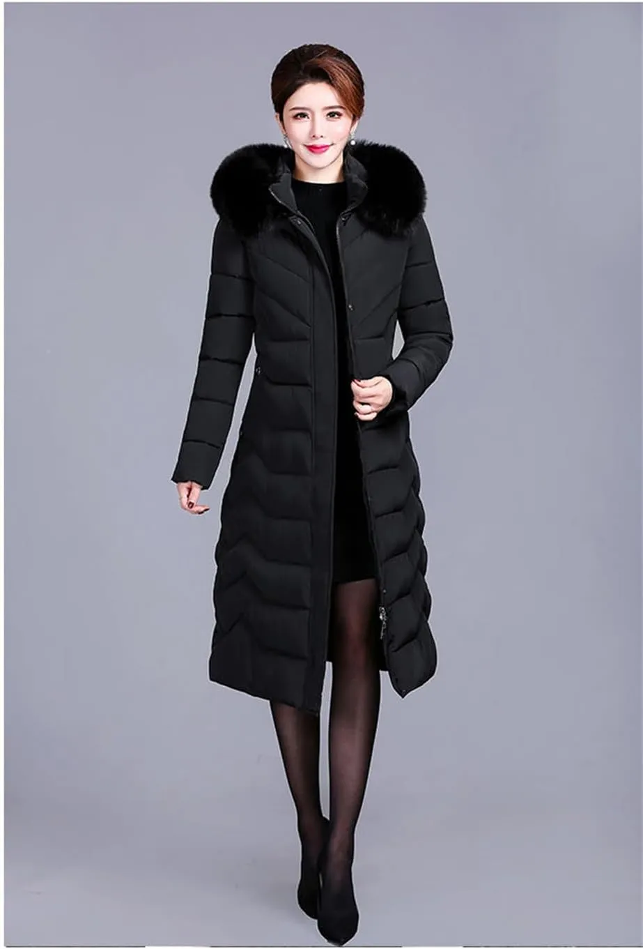 Adhdyuud Women Cotton Coat Padded Long Winter Coat Casual Parkas High Street Fake Fur Hooded Warm Overcoat
