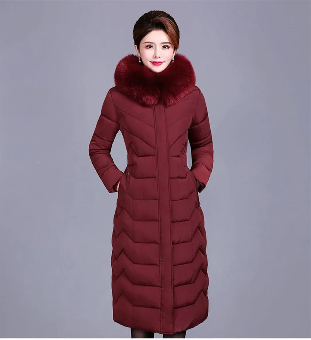 Adhdyuud Women Cotton Coat Padded Long Winter Coat Casual Parkas High Street Fake Fur Hooded Warm Overcoat