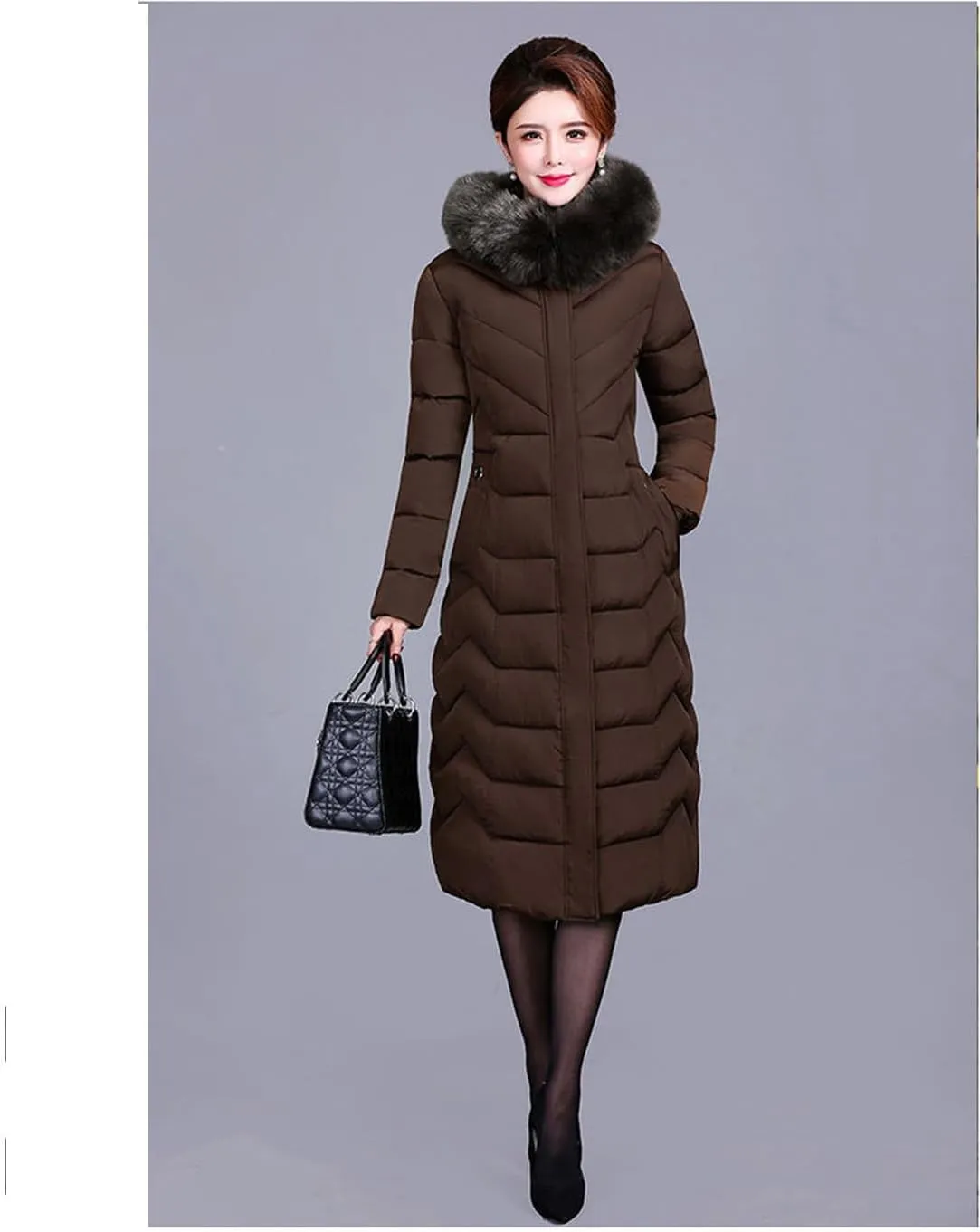 Adhdyuud Women Cotton Coat Padded Long Winter Coat Casual Parkas High Street Fake Fur Hooded Warm Overcoat