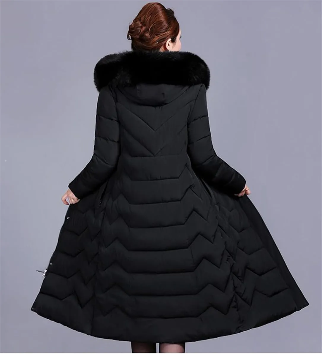Adhdyuud Women Cotton Coat Padded Long Winter Coat Casual Parkas High Street Fake Fur Hooded Warm Overcoat