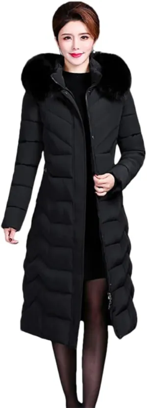 Adhdyuud Women Cotton Coat Padded Long Winter Coat Casual Parkas High Street Fake Fur Hooded Warm Overcoat