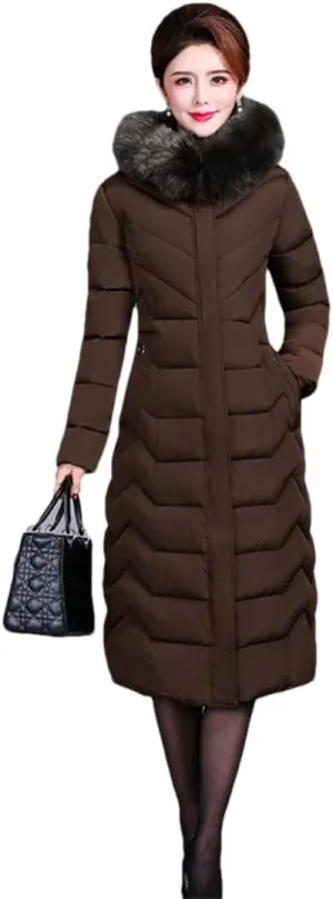 Adhdyuud Women Cotton Coat Padded Long Winter Coat Casual Parkas High Street Fake Fur Hooded Warm Overcoat