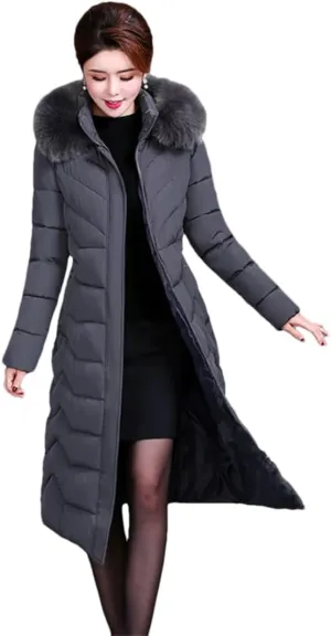 Adhdyuud Women Cotton Coat Padded Long Winter Coat Casual Parkas High Street Fake Fur Hooded Warm Overcoat