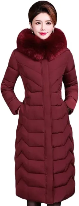 Adhdyuud Women Cotton Coat Padded Long Winter Coat Casual Parkas High Street Fake Fur Hooded Warm Overcoat