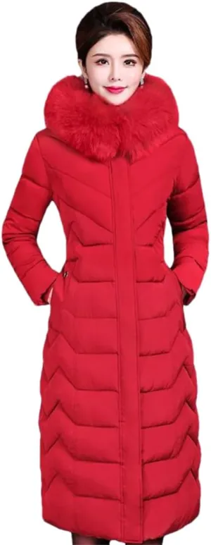 Adhdyuud Women Cotton Coat Padded Long Winter Coat Casual Parkas High Street Fake Fur Hooded Warm Overcoat