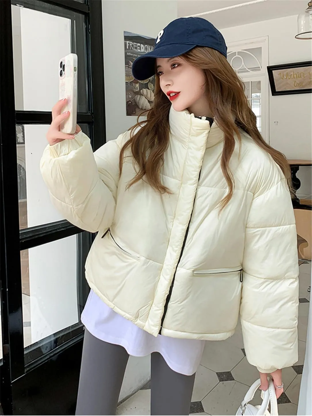 Adhdyuud Women Cotton Padded Parka Snow Coat Fake Short Coat Streetwear Puffer Jacket Warm Outwear