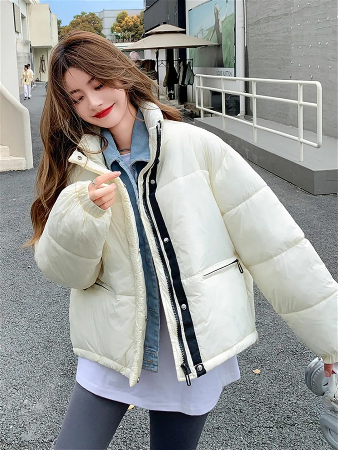 Adhdyuud Women Cotton Padded Parka Snow Coat Fake Short Coat Streetwear Puffer Jacket Warm Outwear