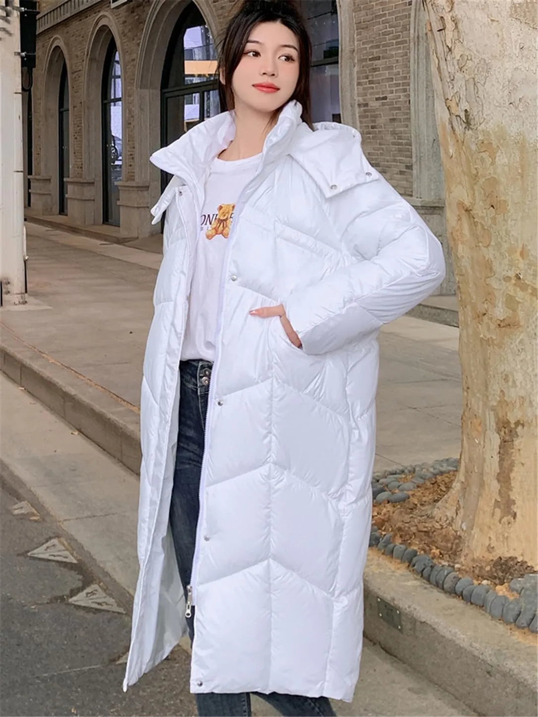 Adhdyuud Women Cotton Padded Parkas Vintage Hooded Long Jacket Winter Single Breasted Coats