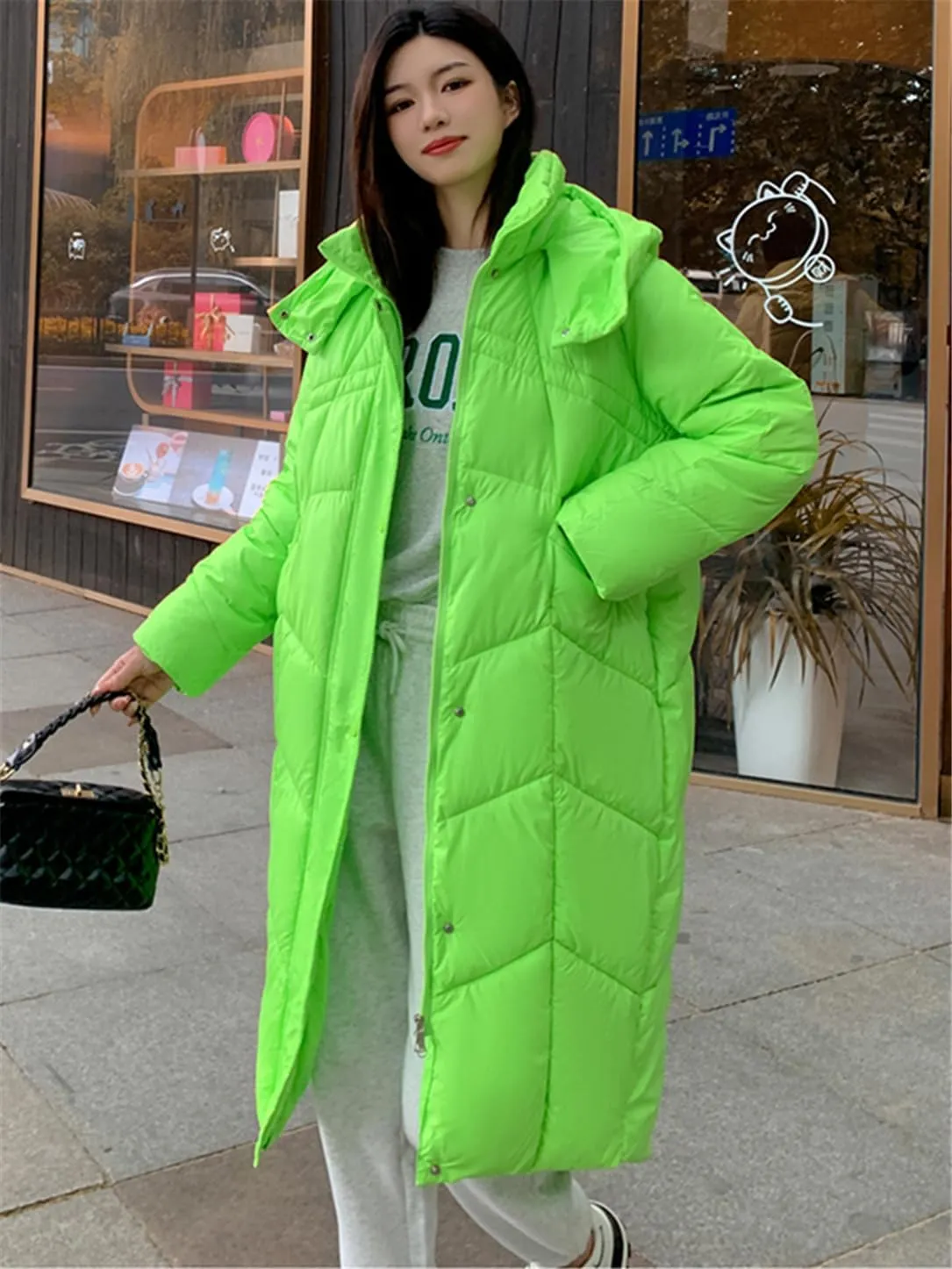 Adhdyuud Women Cotton Padded Parkas Vintage Hooded Long Jacket Winter Single Breasted Coats