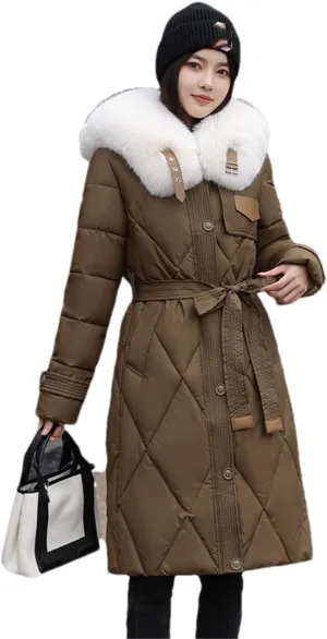 Adhdyuud Women Cotton Padded Quilted Coat Winter Big Fur Collar Snow Parkas Belt Long Warm Puffer Jacket