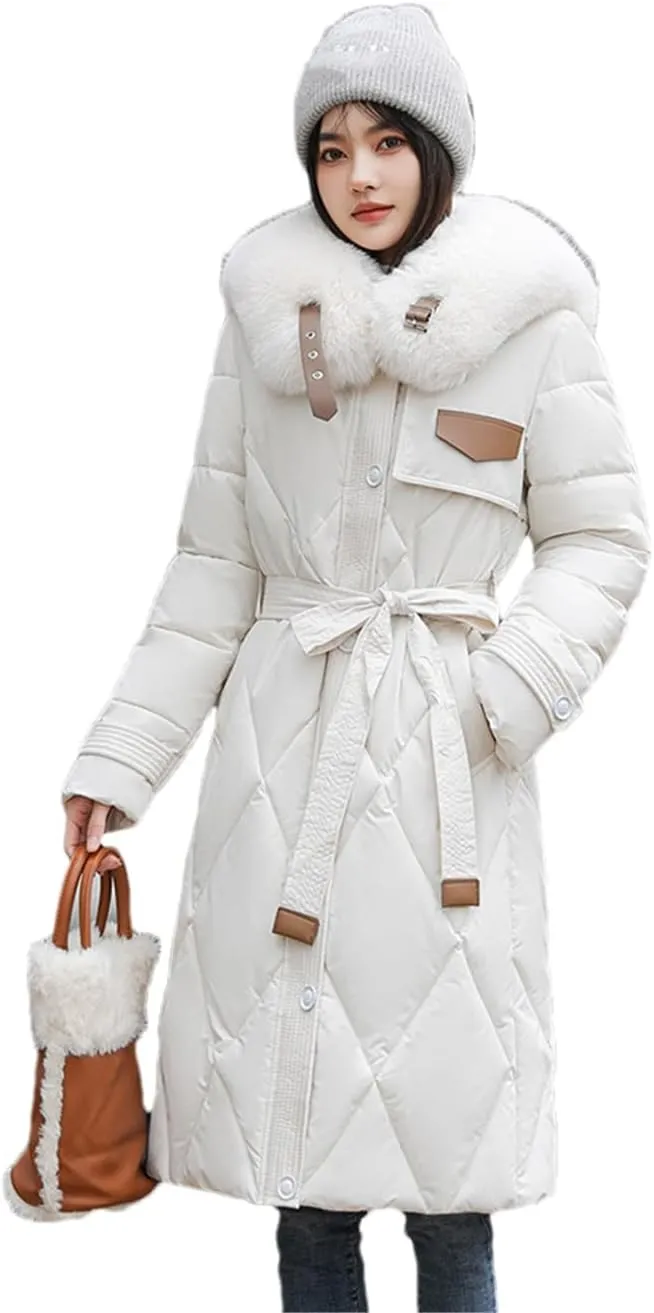 Adhdyuud Women Cotton Padded Quilted Coat Winter Big Fur Collar Snow Parkas Belt Long Warm Puffer Jacket