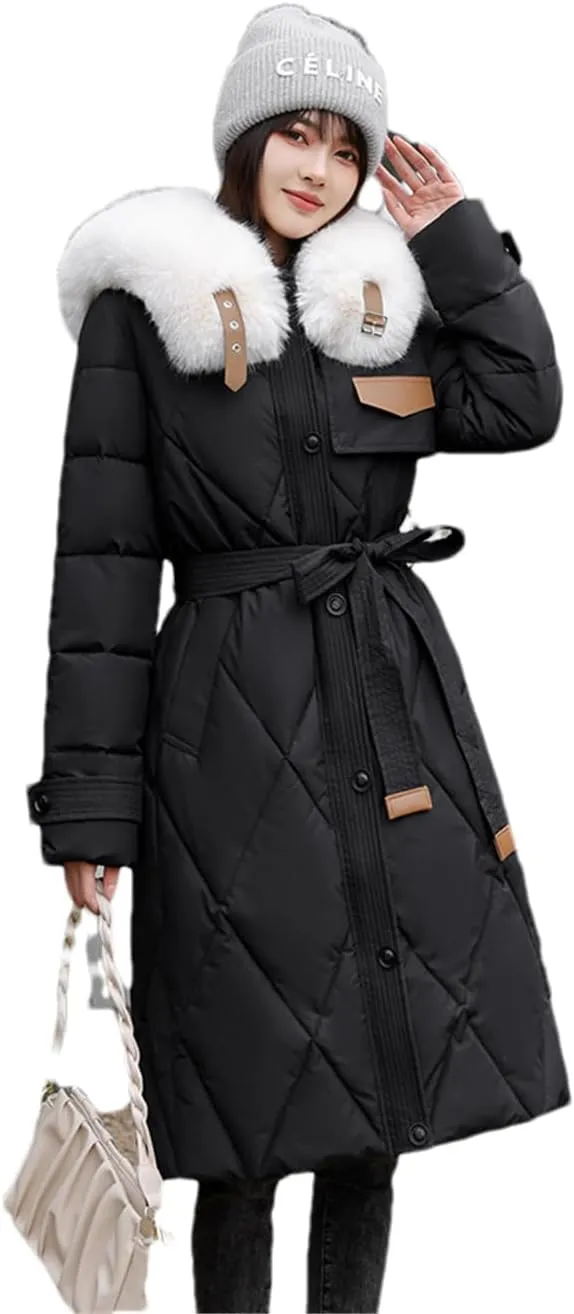 Adhdyuud Women Cotton Padded Quilted Coat Winter Big Fur Collar Snow Parkas Belt Long Warm Puffer Jacket