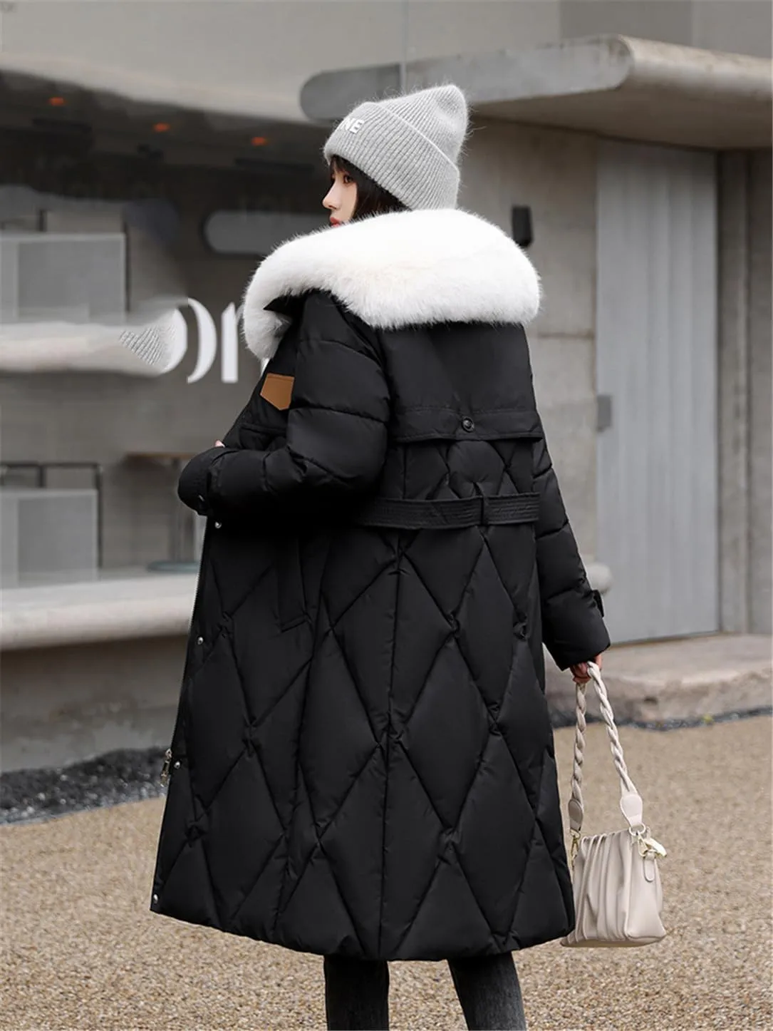Adhdyuud Women Cotton Padded Quilted Coat Winter Big Fur Collar Snow Parkas Belt Long Warm Puffer Jacket