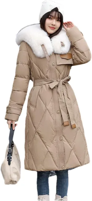 Adhdyuud Women Cotton Padded Quilted Coat Winter Big Fur Collar Snow Parkas Belt Long Warm Puffer Jacket
