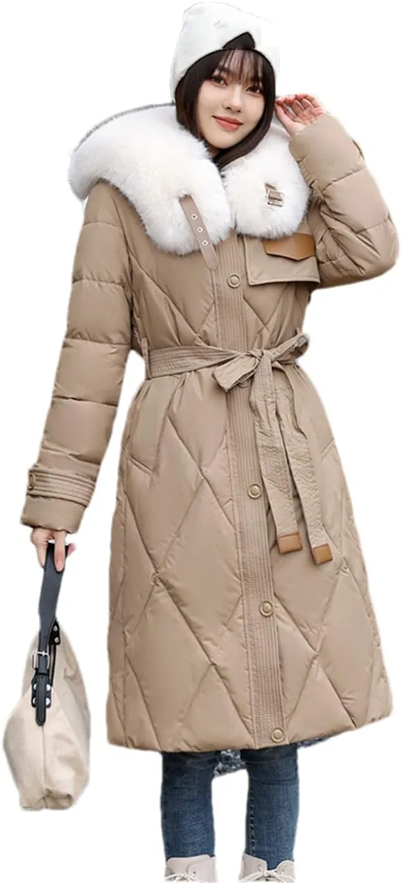 Adhdyuud Women Cotton Padded Quilted Coat Winter Big Fur Collar Snow Parkas Belt Long Warm Puffer Jacket