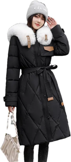Adhdyuud Women Cotton Padded Quilted Coat Winter Big Fur Collar Snow Parkas Belt Long Warm Puffer Jacket