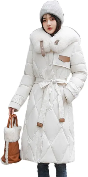 Adhdyuud Women Cotton Padded Quilted Coat Winter Big Fur Collar Snow Parkas Belt Long Warm Puffer Jacket