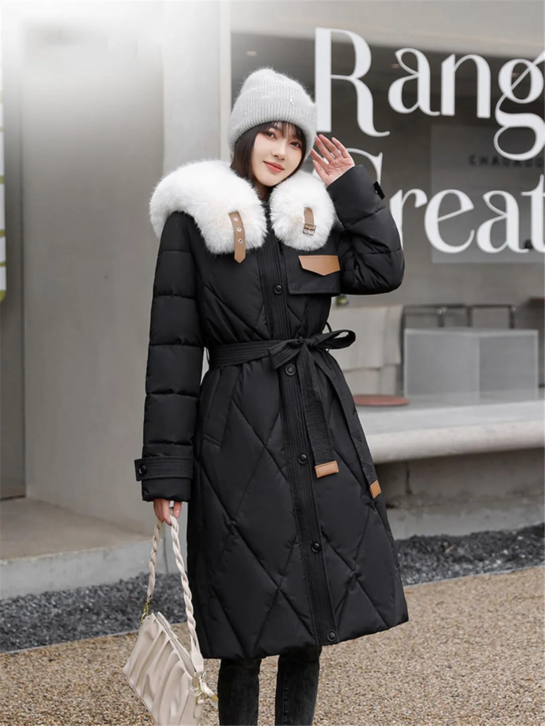 Adhdyuud Women Cotton Padded Quilted Coat Winter Big Fur Collar Snow Parkas Belt Long Warm Puffer Jacket