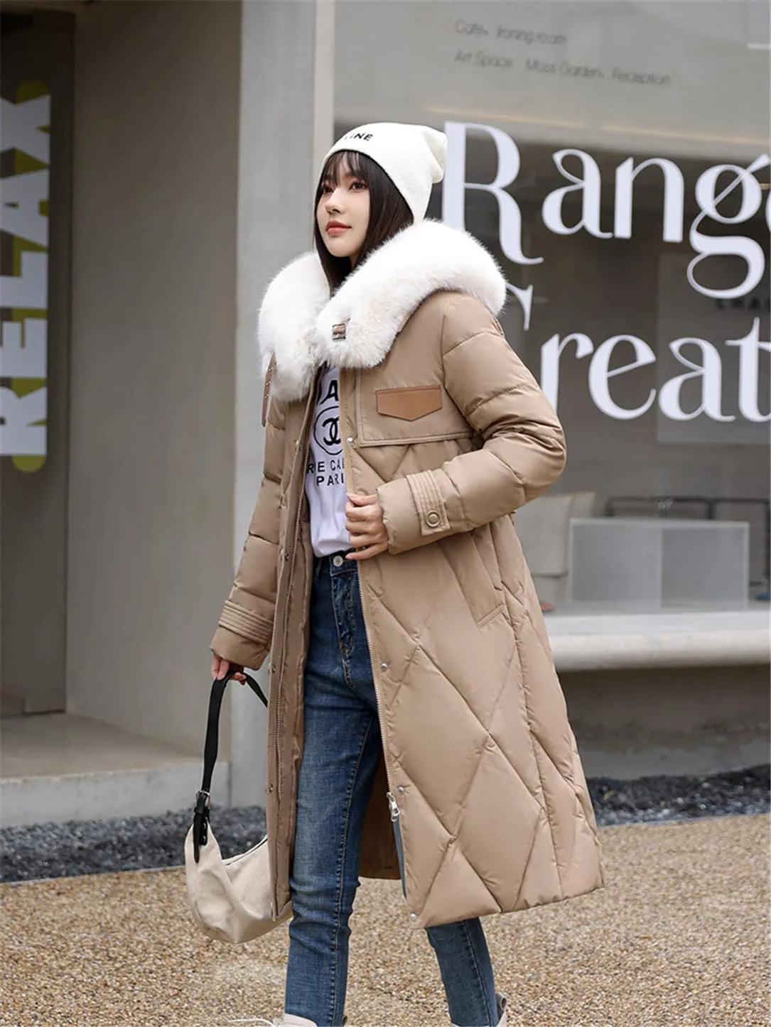 Adhdyuud Women Cotton Padded Quilted Coat Winter Big Fur Collar Snow Parkas Belt Long Warm Puffer Jacket