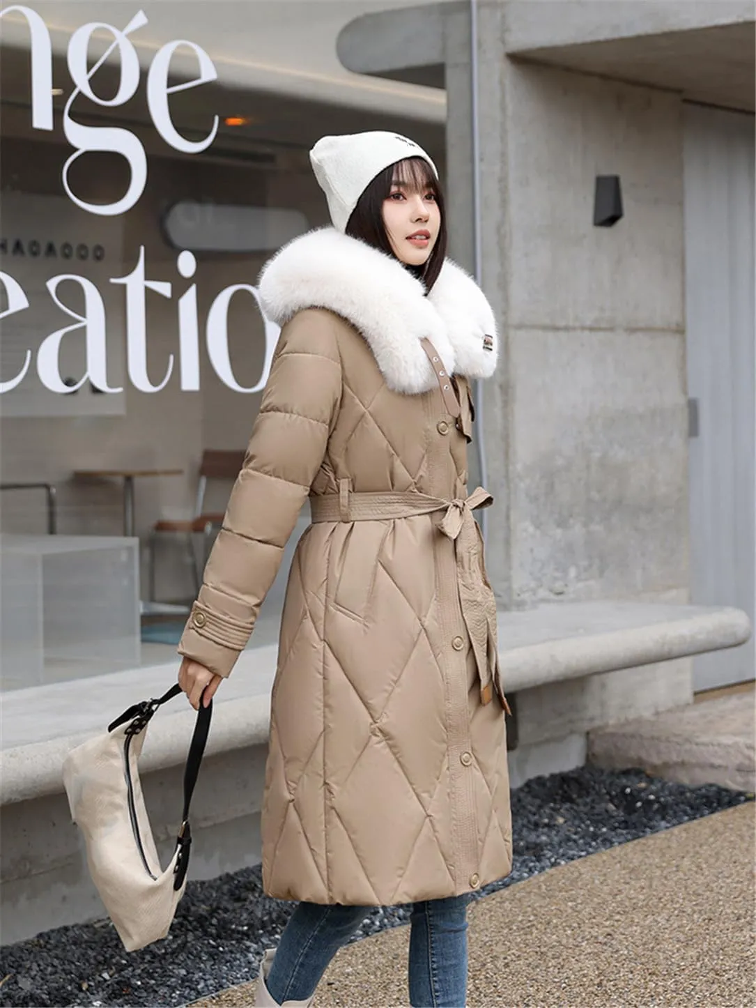 Adhdyuud Women Cotton Padded Quilted Coat Winter Big Fur Collar Snow Parkas Belt Long Warm Puffer Jacket