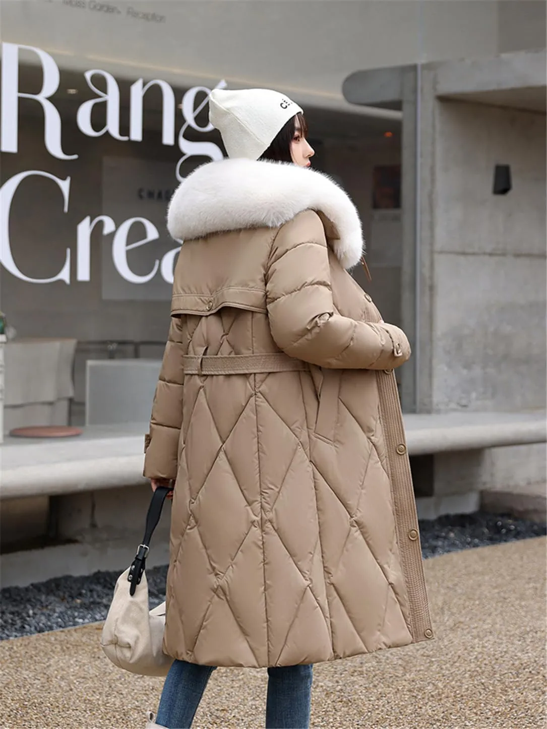 Adhdyuud Women Cotton Padded Quilted Coat Winter Big Fur Collar Snow Parkas Belt Long Warm Puffer Jacket