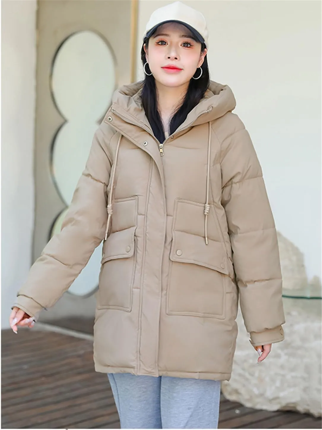 Adhdyuud Women Down Coat Puffer Jacket Thick Warm Coat Cotton Padded Parkas Overcoat Hooded Outwear