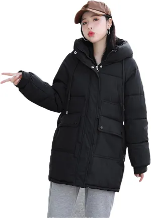 Adhdyuud Women Down Coat Puffer Jacket Thick Warm Coat Cotton Padded Parkas Overcoat Hooded Outwear