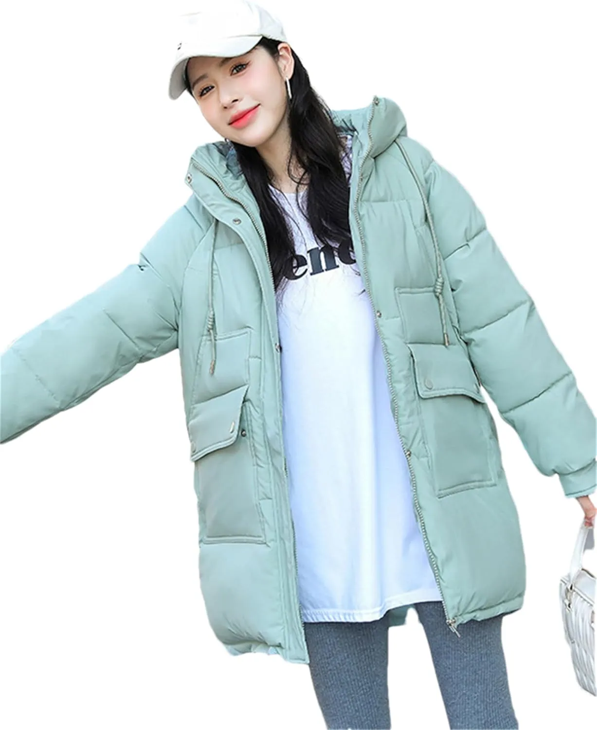 Adhdyuud Women Down Coat Puffer Jacket Thick Warm Coat Cotton Padded Parkas Overcoat Hooded Outwear