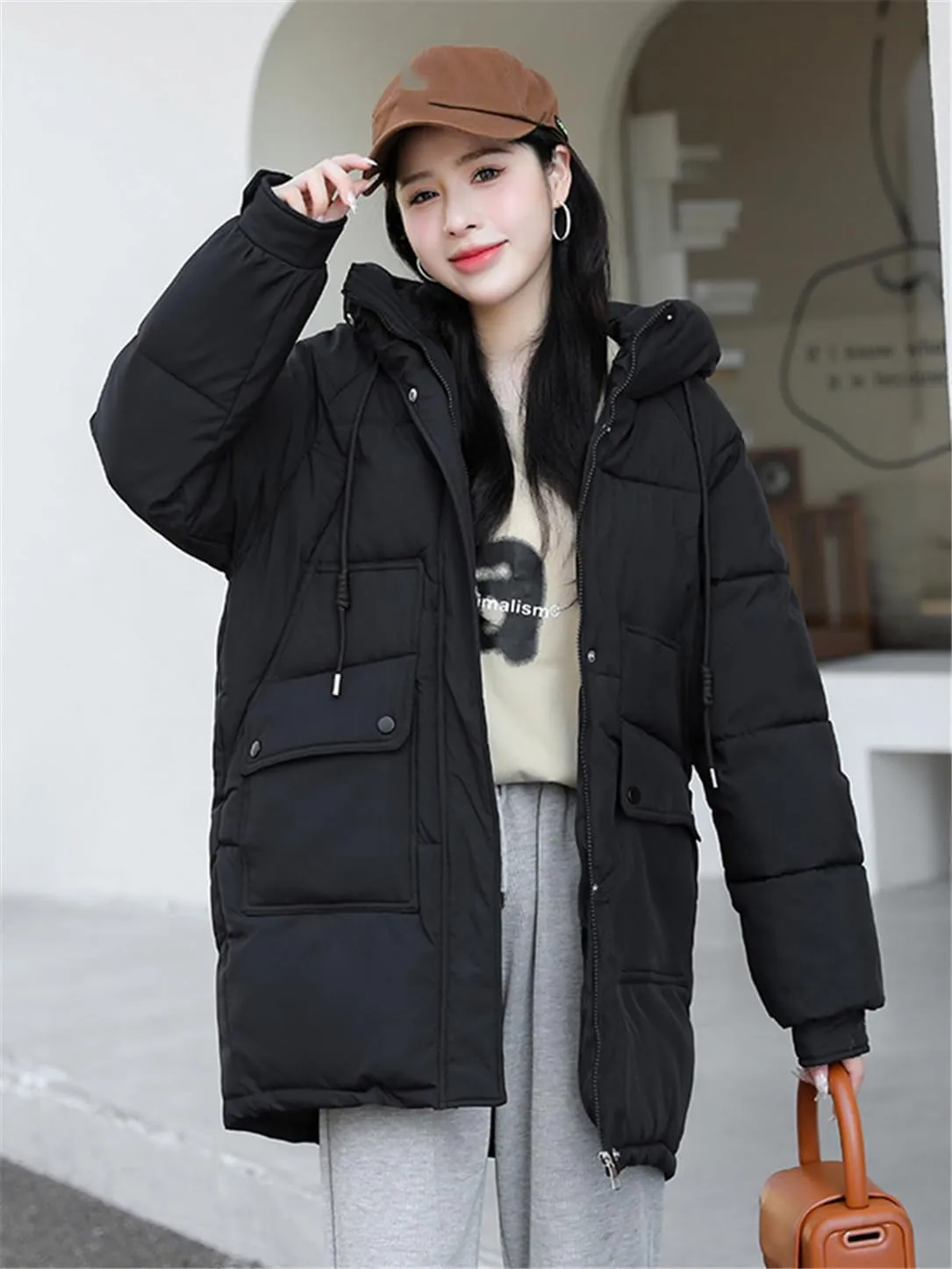 Adhdyuud Women Down Coat Puffer Jacket Thick Warm Coat Cotton Padded Parkas Overcoat Hooded Outwear