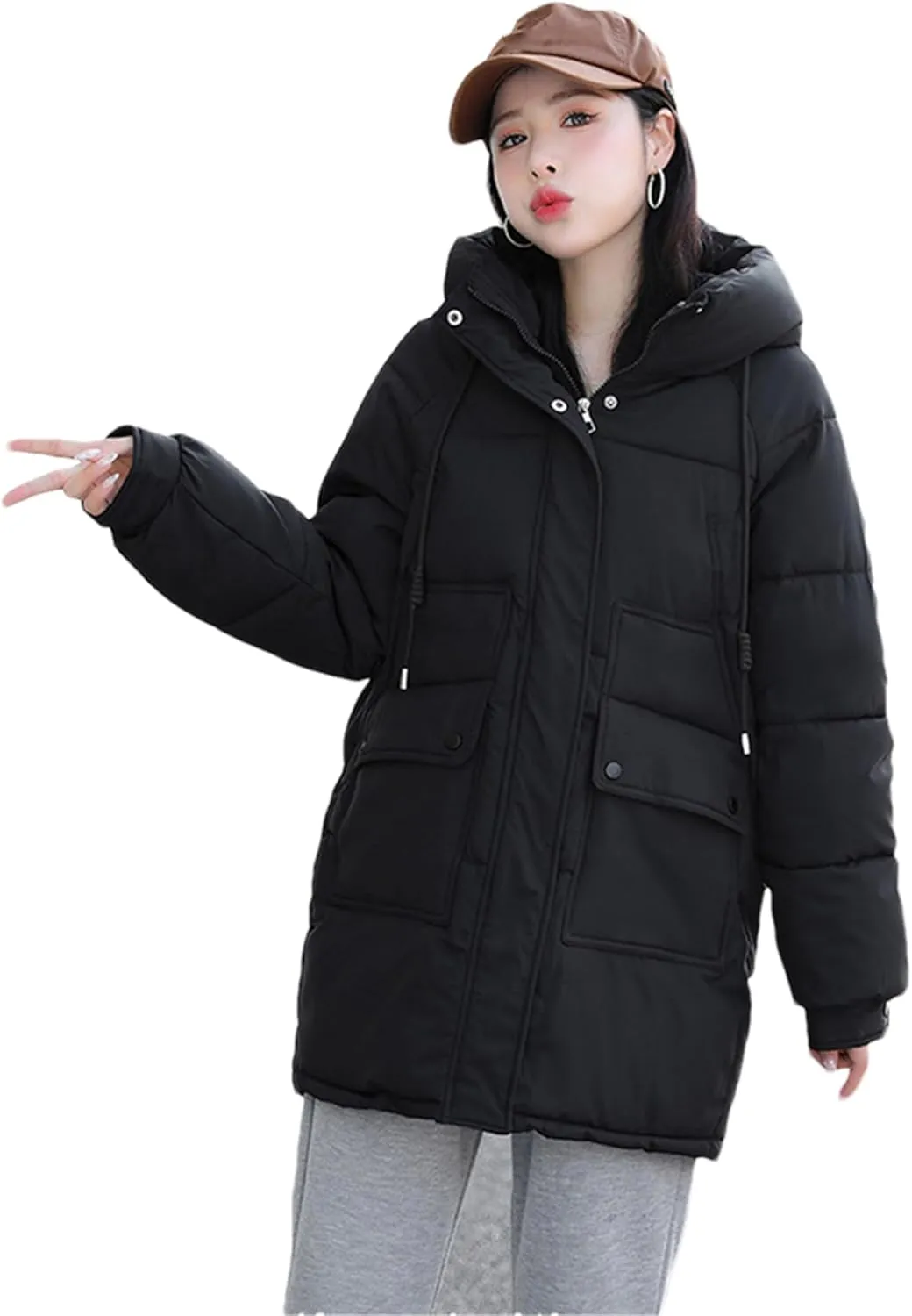 Adhdyuud Women Down Coat Puffer Jacket Thick Warm Coat Cotton Padded Parkas Overcoat Hooded Outwear