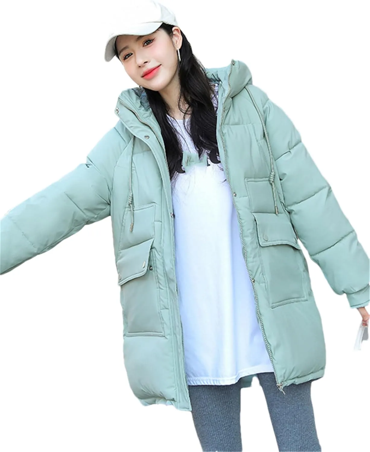 Adhdyuud Women Down Coat Puffer Jacket Thick Warm Coat Cotton Padded Parkas Overcoat Hooded Outwear