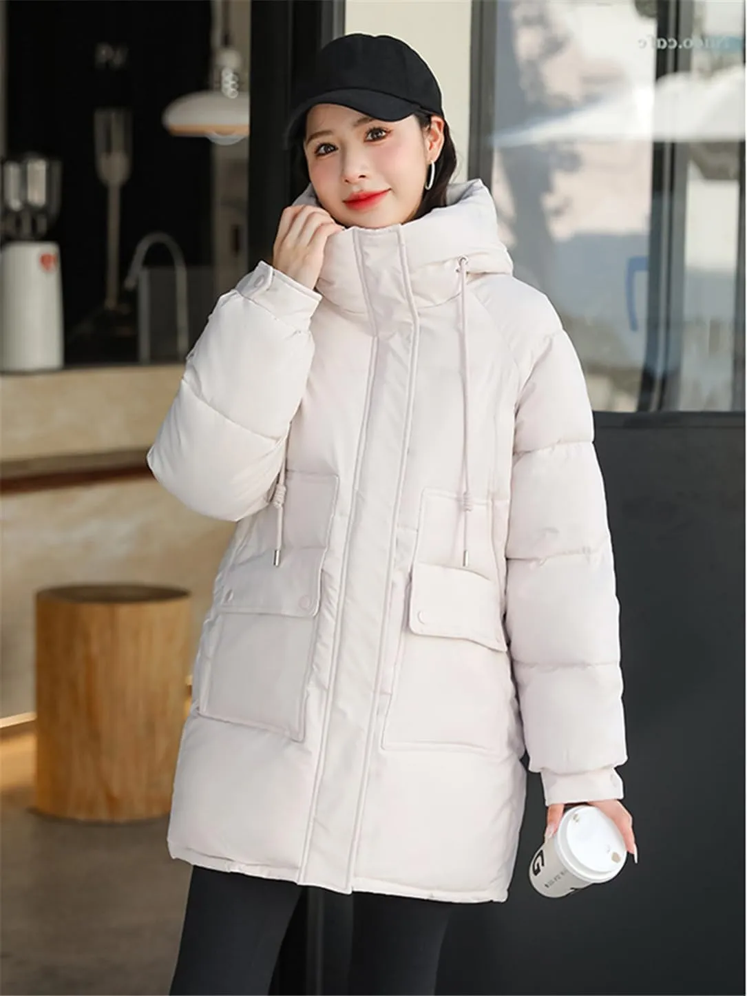 Adhdyuud Women Down Coat Puffer Jacket Thick Warm Coat Cotton Padded Parkas Overcoat Hooded Outwear