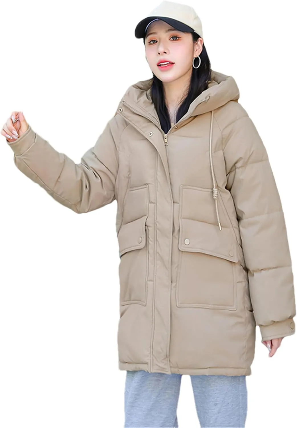 Adhdyuud Women Down Coat Puffer Jacket Thick Warm Coat Cotton Padded Parkas Overcoat Hooded Outwear