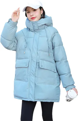 Adhdyuud Women Down Coat Puffer Jacket Thick Warm Coat Cotton Padded Parkas Overcoat Hooded Outwear