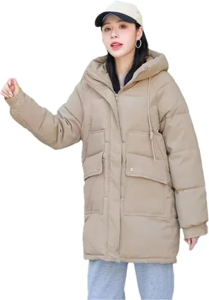 Adhdyuud Women Down Coat Puffer Jacket Thick Warm Coat Cotton Padded Parkas Overcoat Hooded Outwear