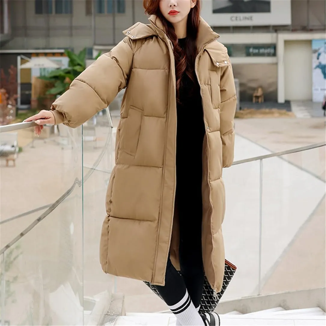 Adhdyuud Women Hooded Long Parkas Loose Thicken Winter Jacket Cold Coat Warm Windbreak Cotton Padded Jacket