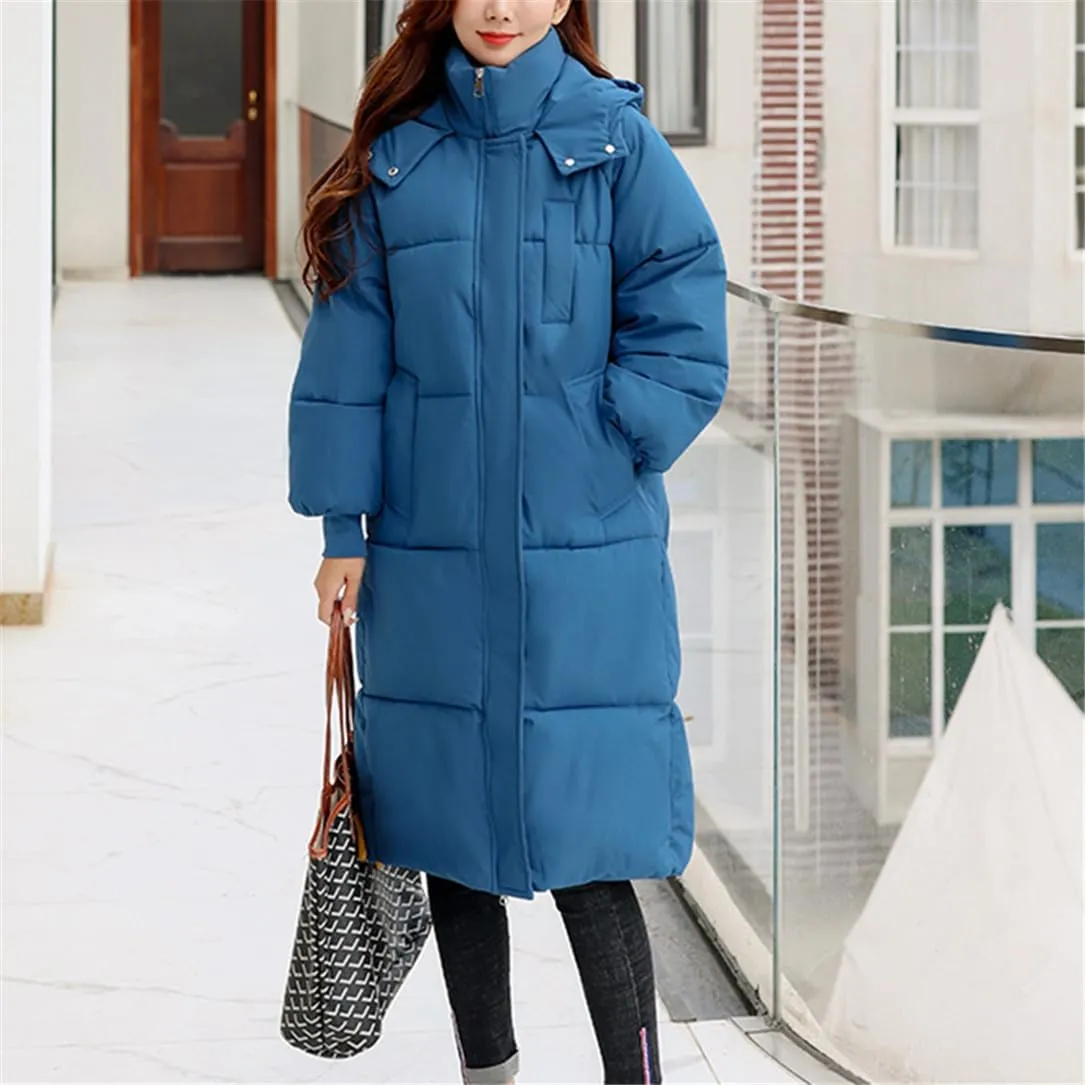 Adhdyuud Women Hooded Long Parkas Loose Thicken Winter Jacket Cold Coat Warm Windbreak Cotton Padded Jacket